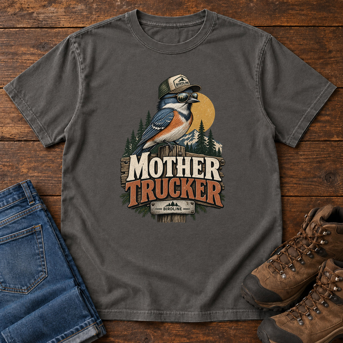 Pepper Mother Trucker T-Shirt with a blue-and-orange bird wearing a cap and sunglasses above mountains and pines; front flat lay on wood.