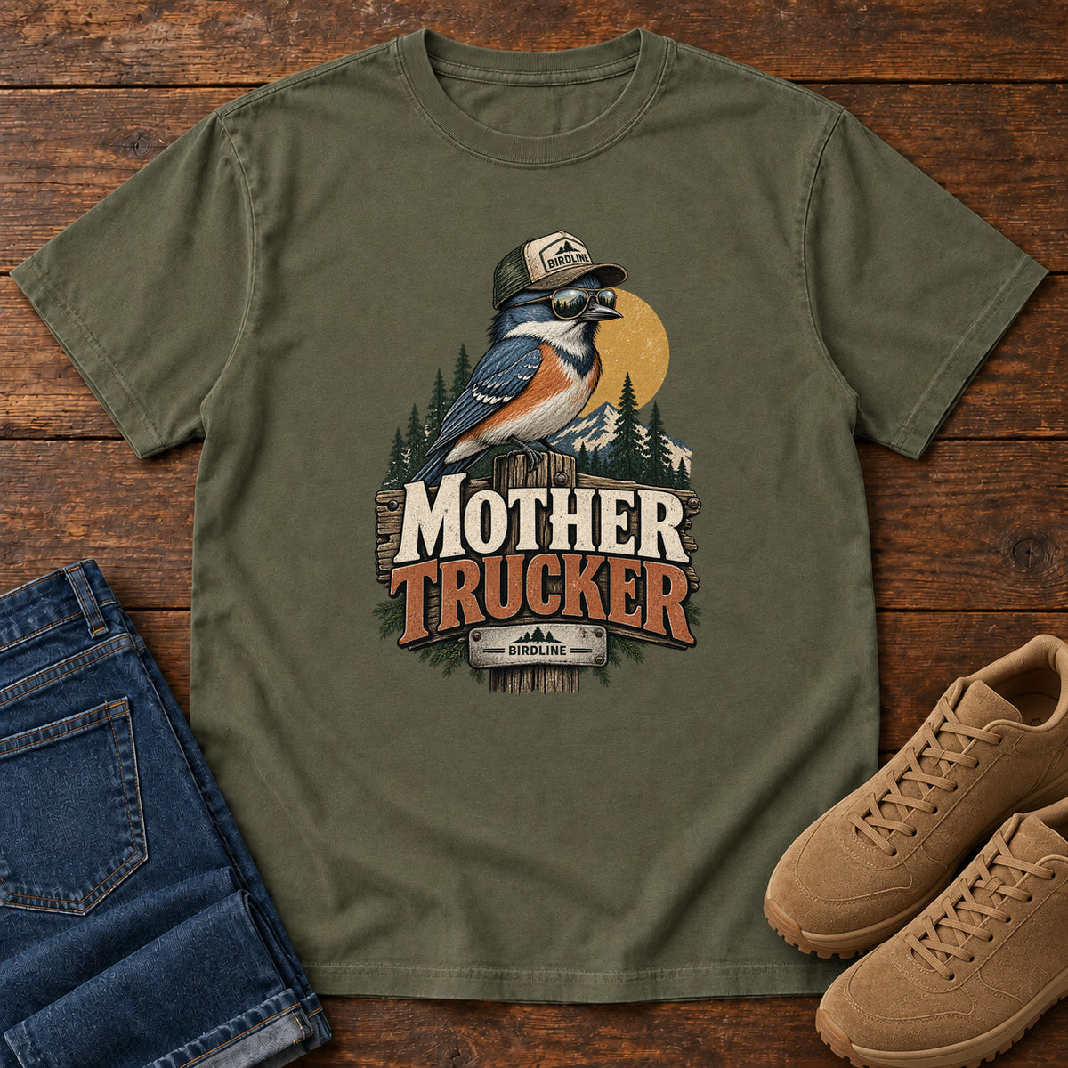Sage Mother Trucker T-Shirt with a blue-and-orange bird wearing a cap and sunglasses above mountains and pines; front flat lay on wood.