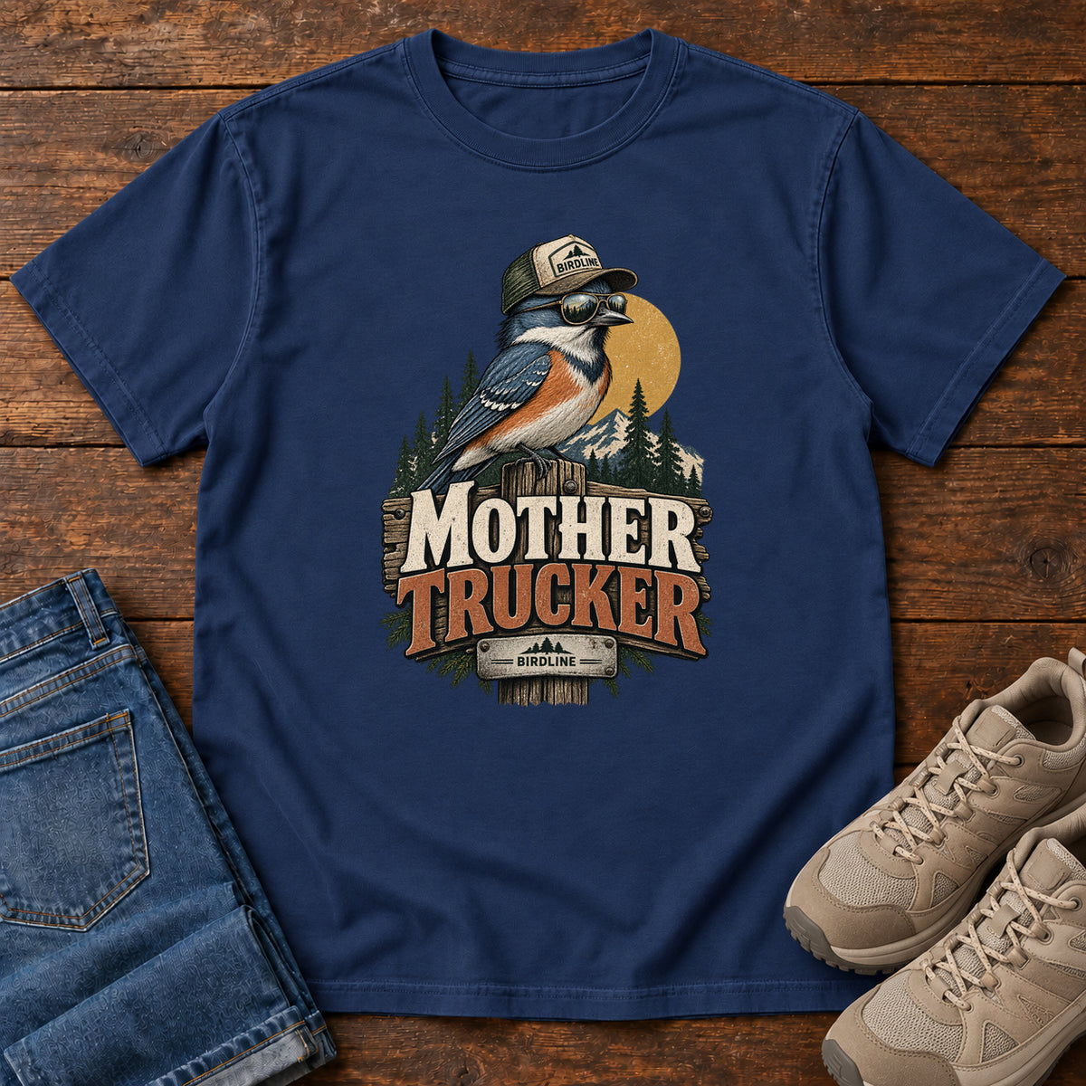 True Navy Mother Trucker T-Shirt with a blue-and-orange bird wearing a cap and sunglasses above mountains and pines; front flat lay on wood.