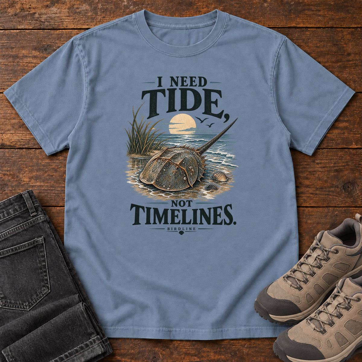 I Need Tides Not Timelines Horseshoe Crab T-Shirt in Blue Jean