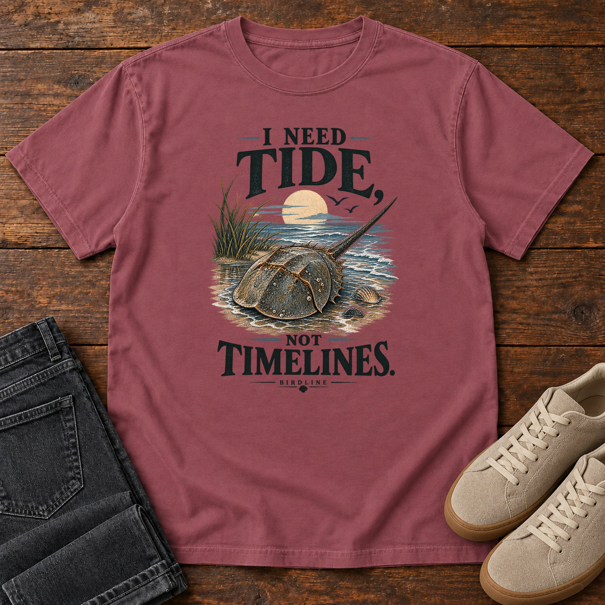 I Need Tides Not Timelines Horseshoe Crab T-Shirt in Brick