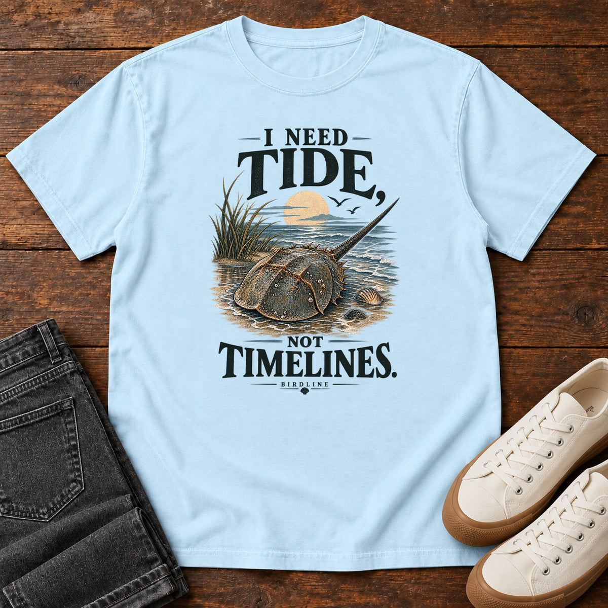 I Need Tides Not Timelines Horseshoe Crab T-Shirt in Chambray