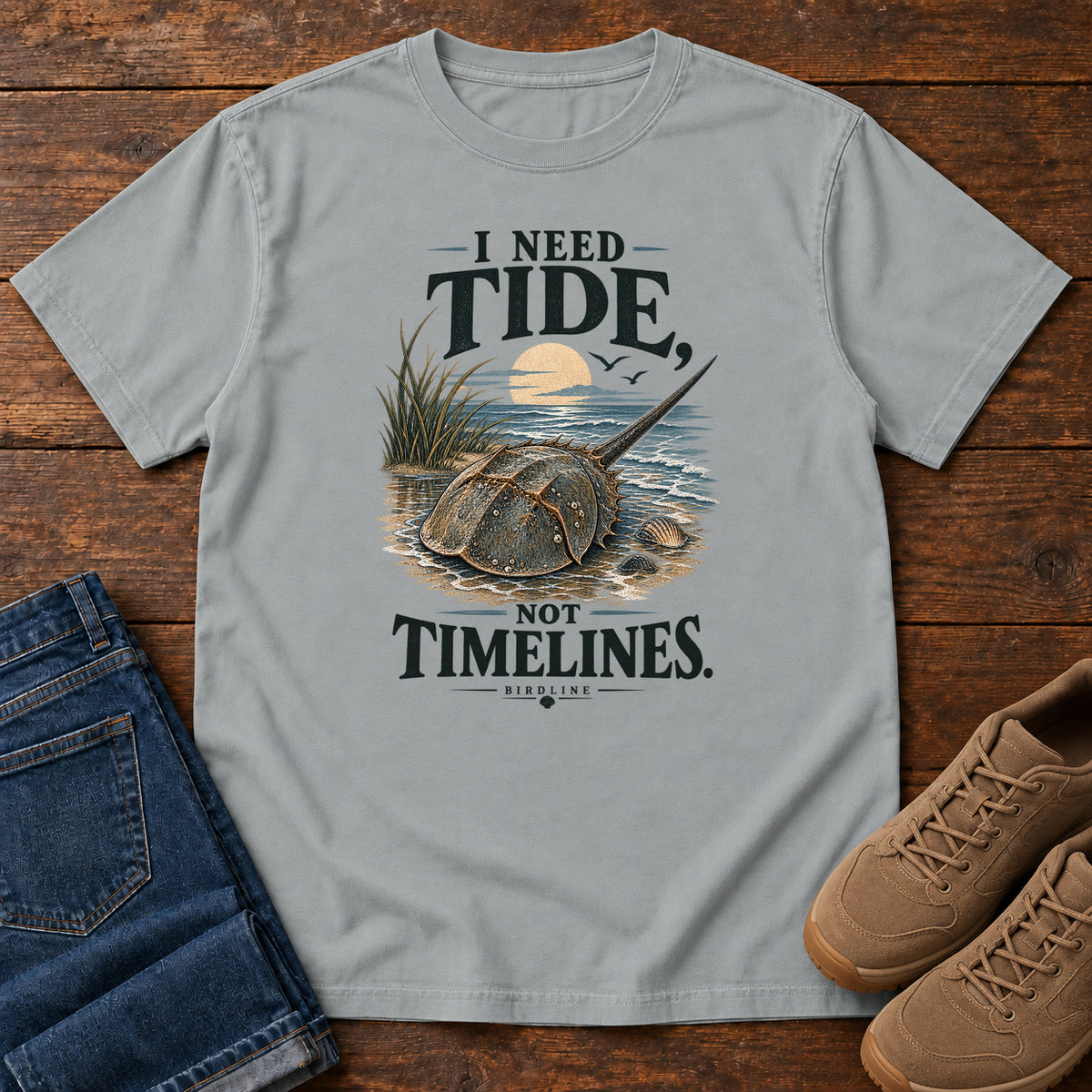 I Need Tides Not Timelines Horseshoe Crab T-Shirt in Granite