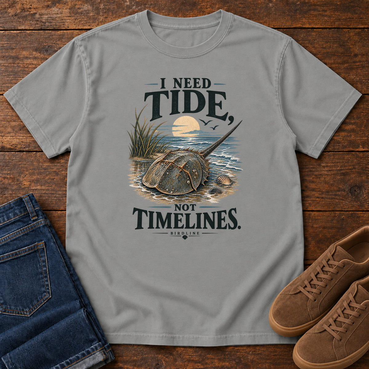 I Need Tides Not Timelines Horseshoe Crab T-Shirt in Grey