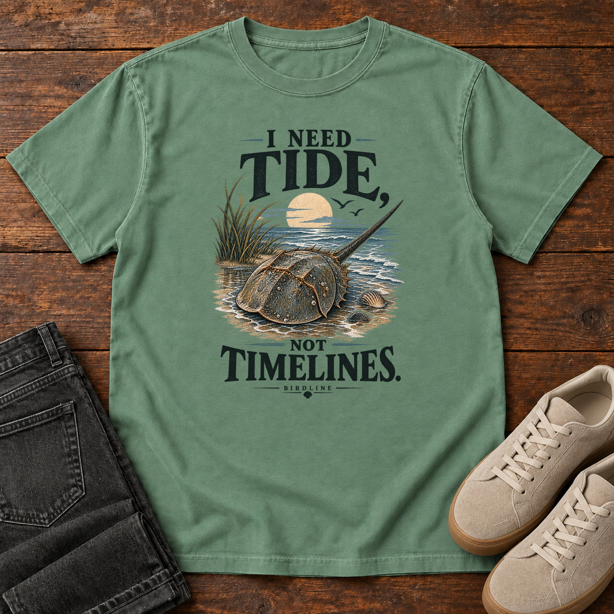I Need Tides Not Timelines Horseshoe Crab T-Shirt in Light Green