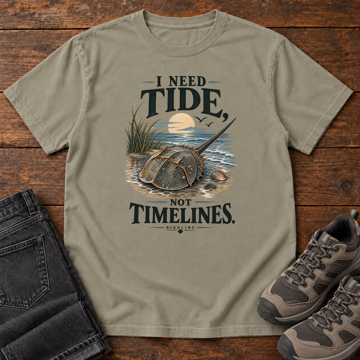 I Need Tides Not Timelines Horseshoe Crab T-Shirt in Sandstone