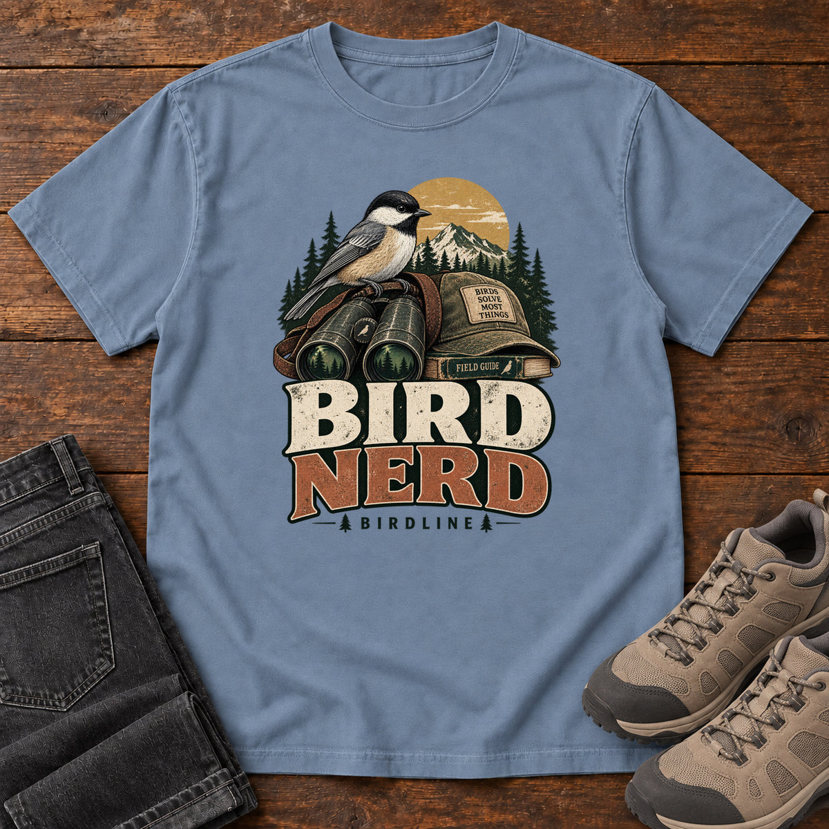 Bird Nerd Binoculars T-Shirt in Blue Jean, front laid flat on wood, featuring a black-capped, cream-and-gray bird above binoculars and a cap, with mountains and bold lettering.