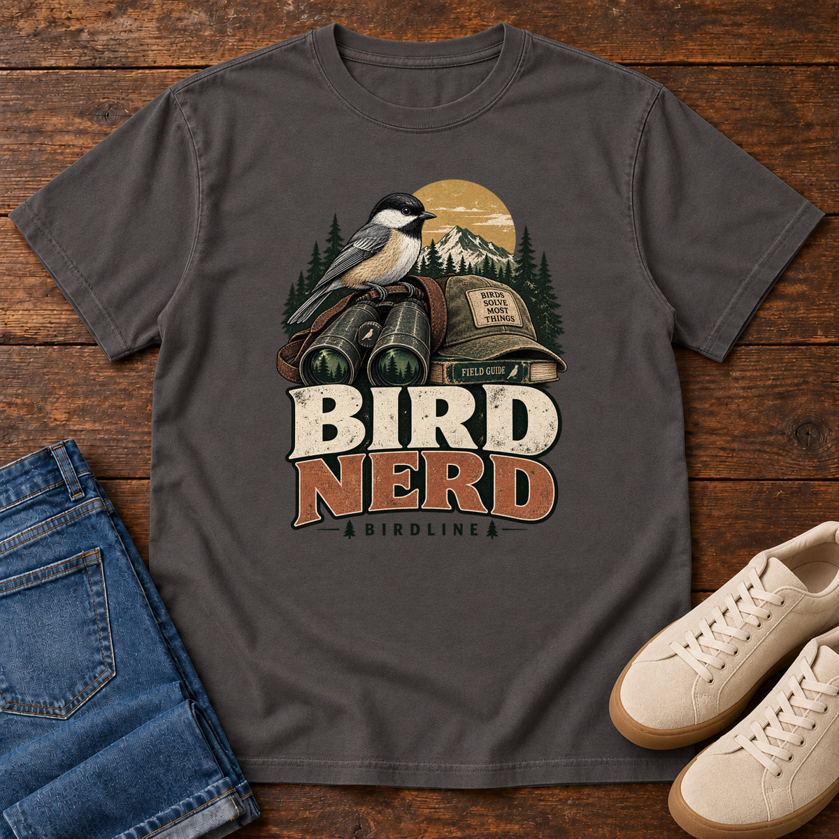 Bird Nerd Binoculars T-Shirt in Graphite, front laid flat on wood, featuring a black-capped, cream-and-gray bird above binoculars and a cap, with mountains and bold lettering.