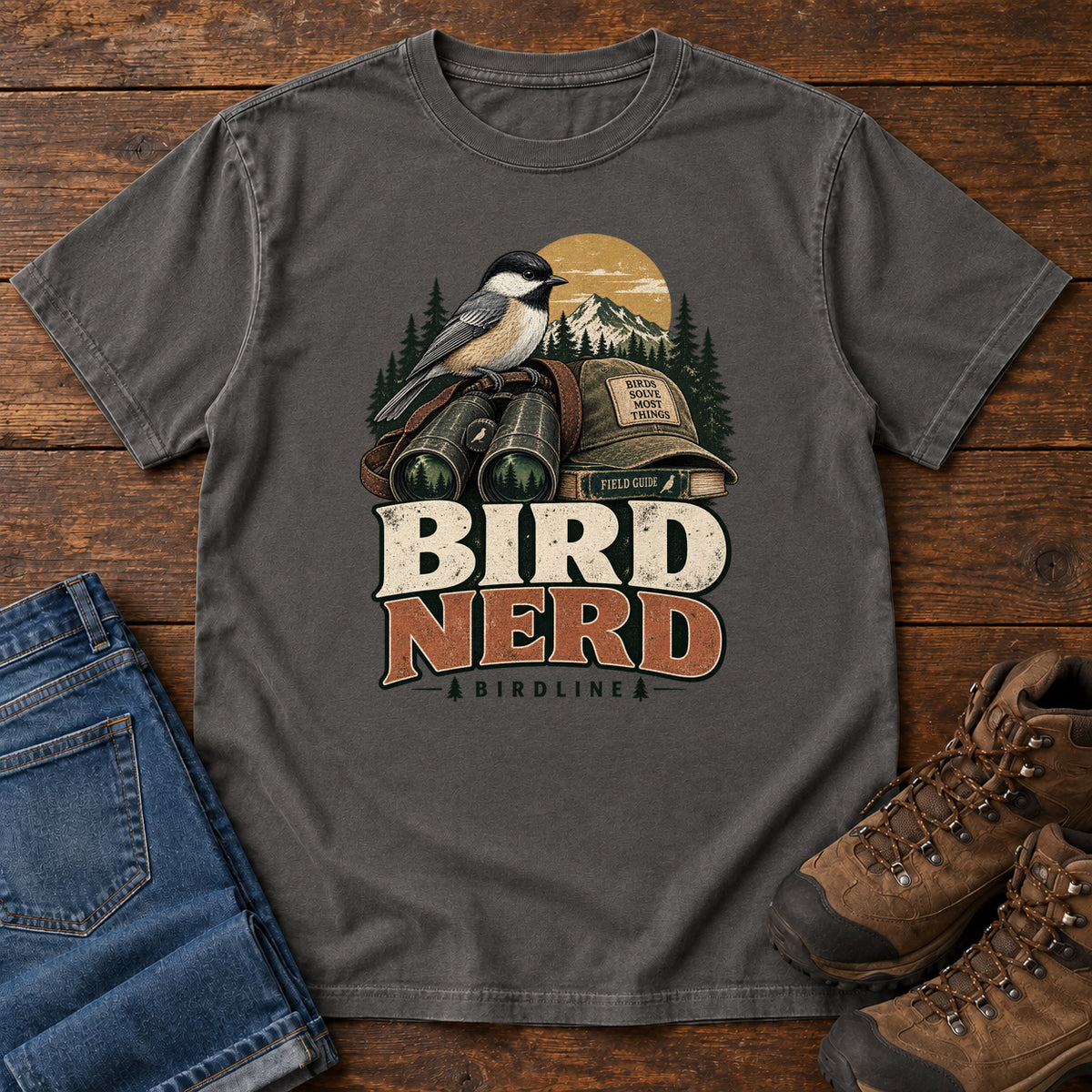 Bird Nerd Binoculars T-Shirt in Pepper, front laid flat on wood, featuring a black-capped, cream-and-gray bird above binoculars and a cap, with mountains and bold lettering.