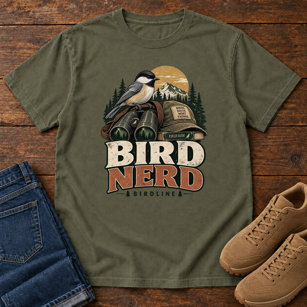 Bird Nerd Binoculars T-Shirt in Sage, front laid flat on wood, featuring a black-capped, cream-and-gray bird above binoculars and a cap, with mountains and bold lettering.