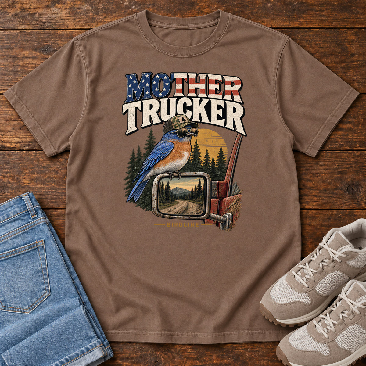 Espresso Mother Trucker Side Mirror T-Shirt with a blue-and-orange bird perched on a truck mirror beneath flag-patterned lettering, front flat lay on wood.