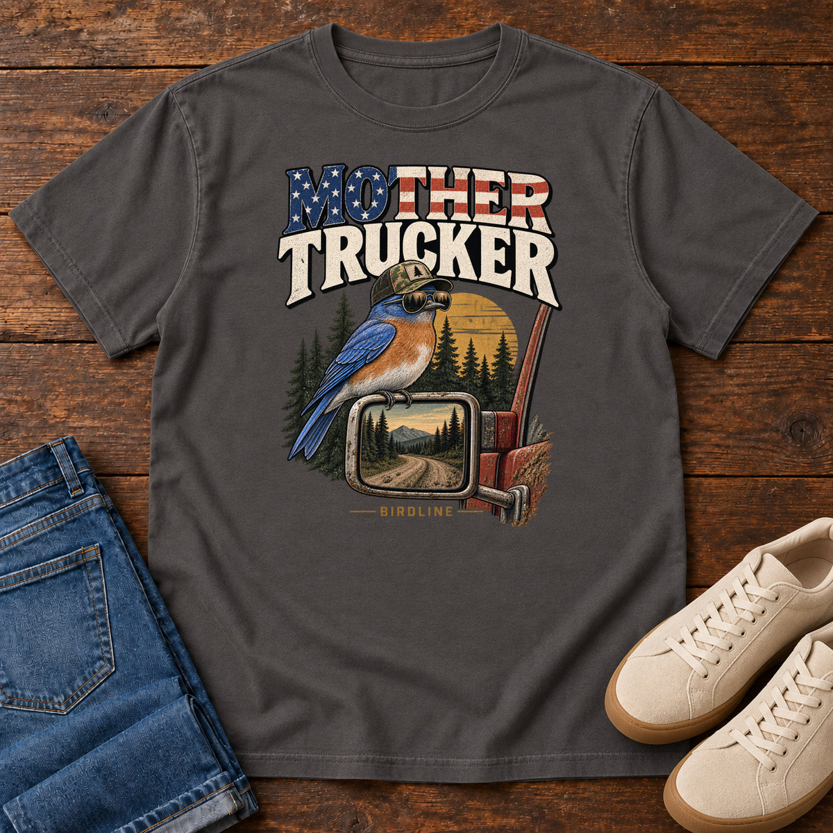 Graphite Mother Trucker Side Mirror T-Shirt with a blue-and-orange bird perched on a truck mirror beneath flag-patterned lettering, front flat lay on wood.
