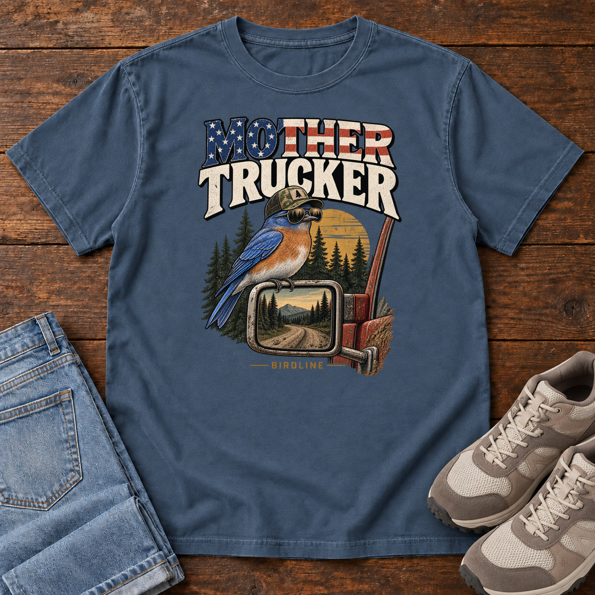 Midnight Mother Trucker Side Mirror T-Shirt with a blue-and-orange bird perched on a truck mirror beneath flag-patterned lettering, front flat lay on wood.