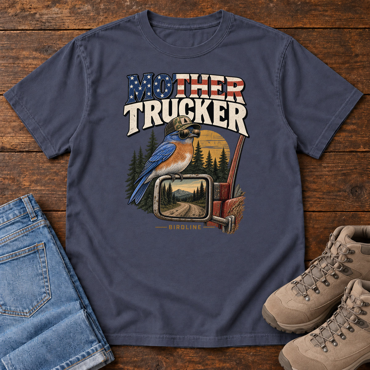 Navy Mother Trucker Side Mirror T-Shirt with a blue-and-orange bird perched on a truck mirror beneath flag-patterned lettering, front flat lay on wood.