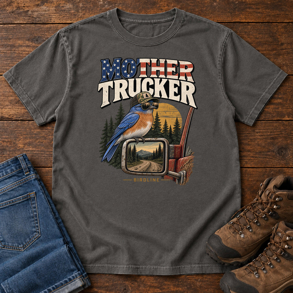 Pepper Mother Trucker Side Mirror T-Shirt with a blue-and-orange bird perched on a truck mirror beneath flag-patterned lettering, front flat lay on wood.