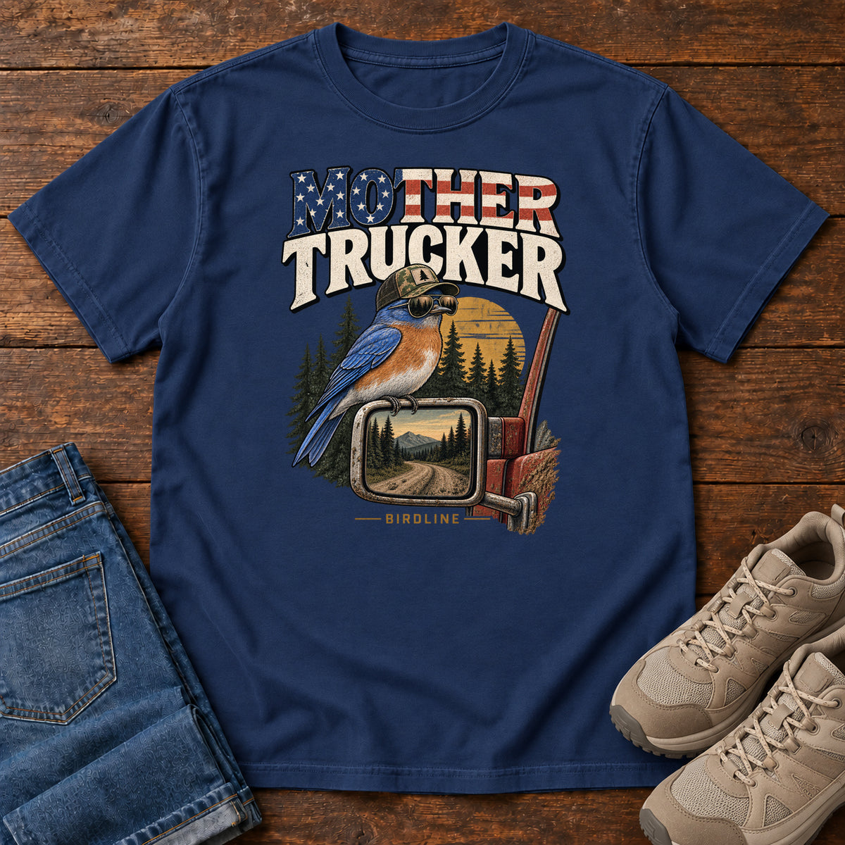 True Navy Mother Trucker Side Mirror T-Shirt with a blue-and-orange bird perched on a truck mirror beneath flag-patterned lettering, front flat lay on wood.