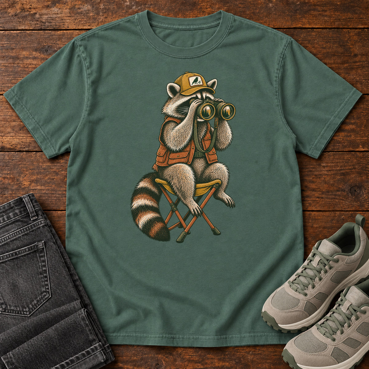 Raccoon Binoculars Chair T-Shirt in Blue Spruce