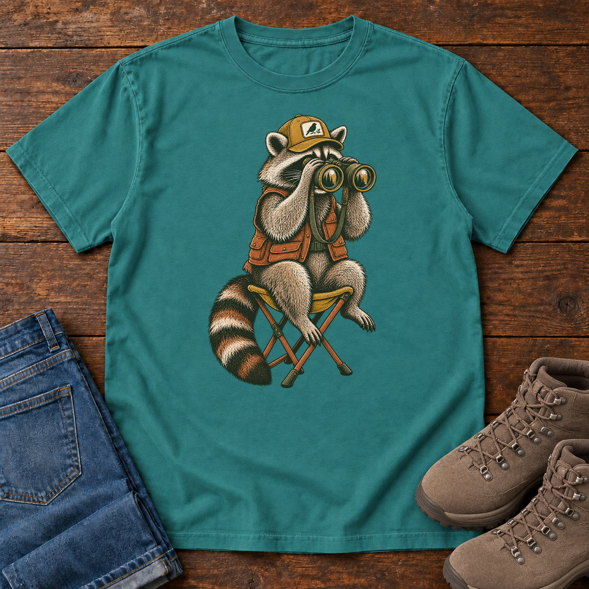 Raccoon Binoculars Chair T-Shirt in Emerald