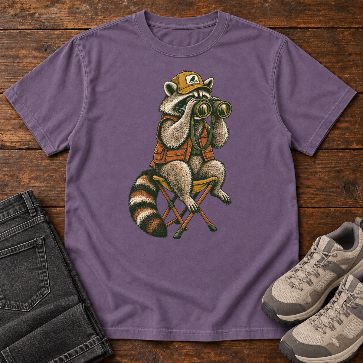 Raccoon Binoculars Chair T-Shirt in Grape