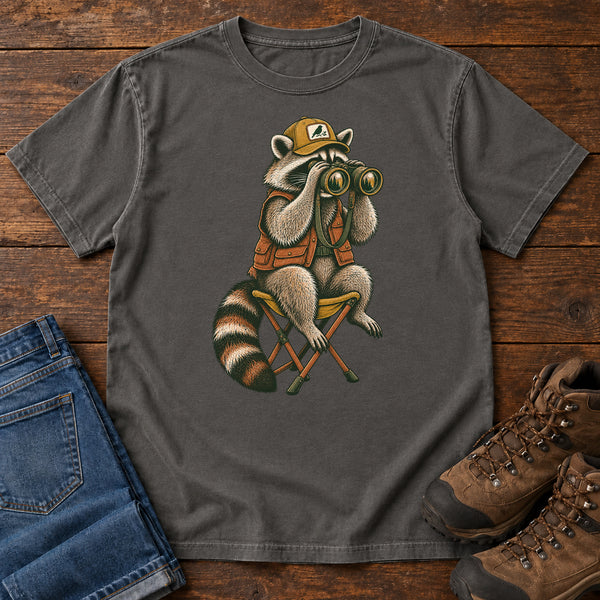 Raccoon Binoculars Chair T-Shirt in Pepper, front view
