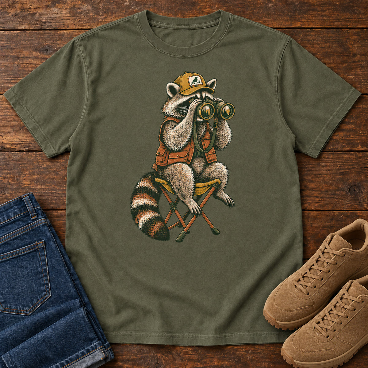 Raccoon Binoculars Chair T-Shirt in Sage
