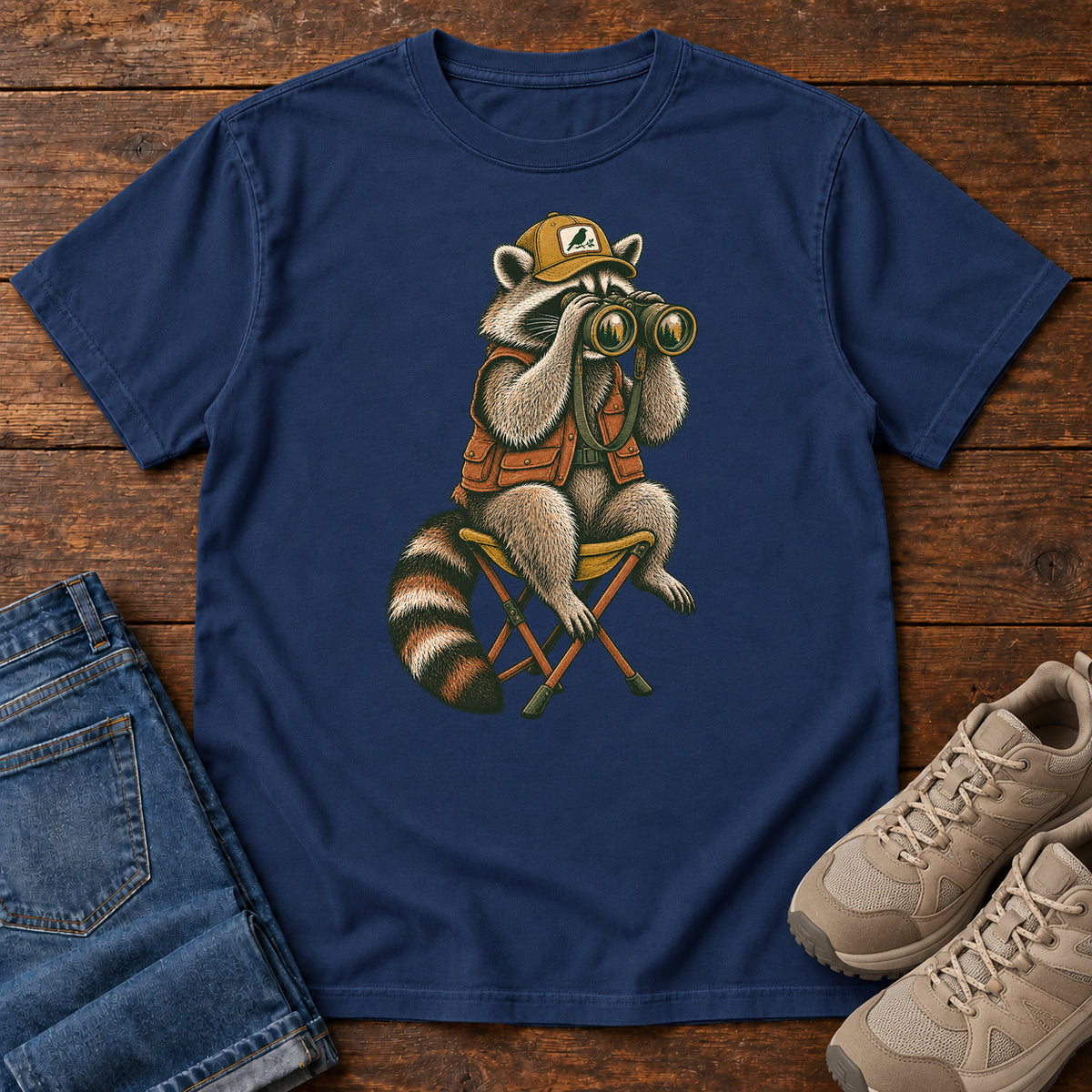 Raccoon Binoculars Chair T-Shirt in True Navy