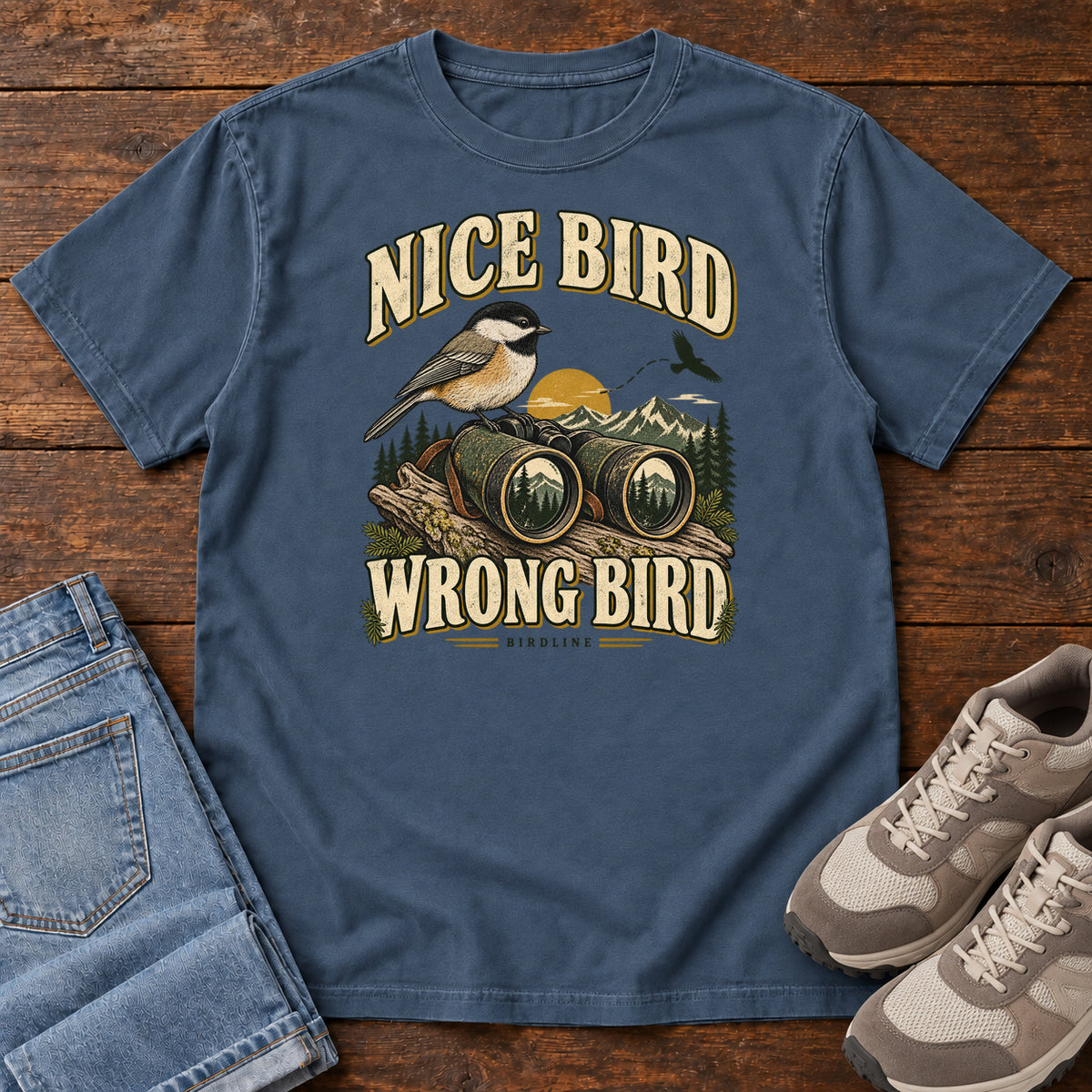 Midnight Nice Bird. Wrong Bird. T-Shirt with a small black-capped bird on binoculars against mountains and a golden sun; front flat lay on wood.