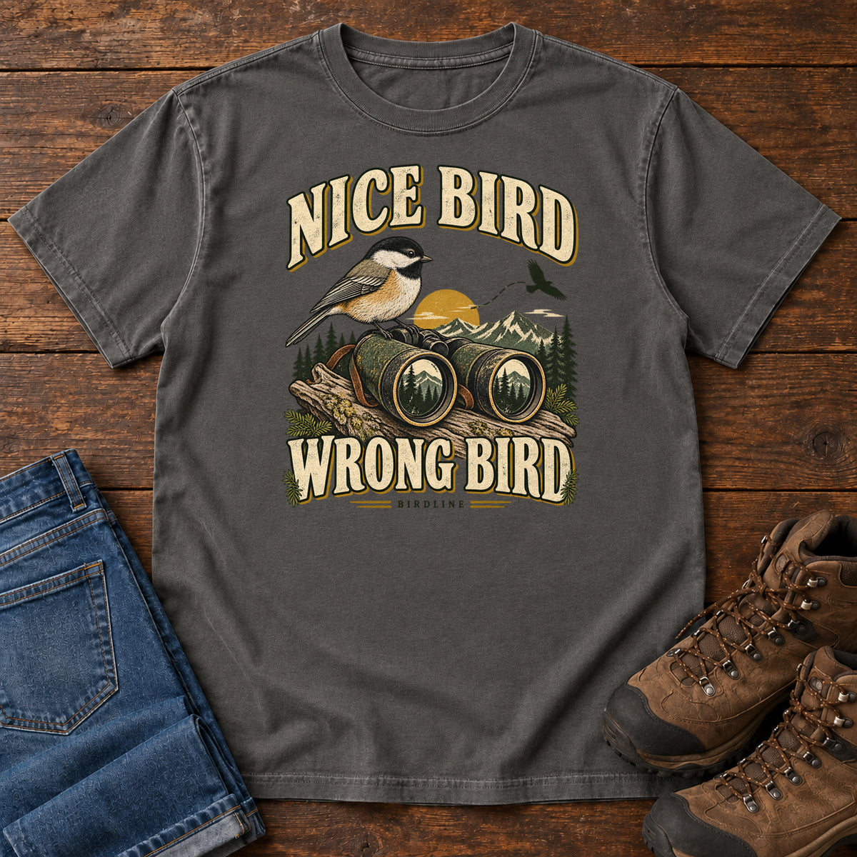 Pepper Nice Bird. Wrong Bird. T-Shirt with a small black-capped bird on binoculars against mountains and a golden sun; front flat lay on wood.
