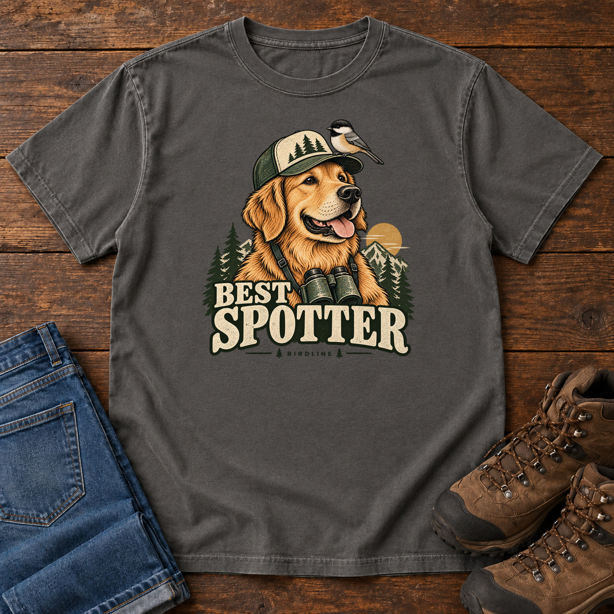 Pepper Best Spotter T-Shirt with a golden dog wearing a cap and binoculars, with a small bird perched on the cap, front flat lay on wood.