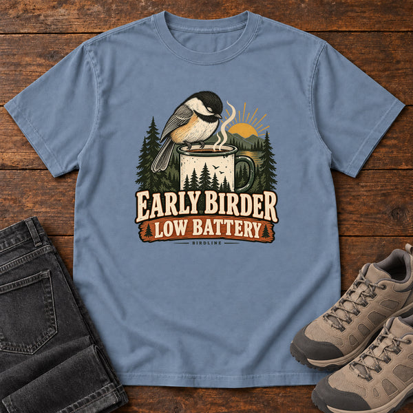 Early Birder. Low Battery. T-Shirt in Blue Jean, front view