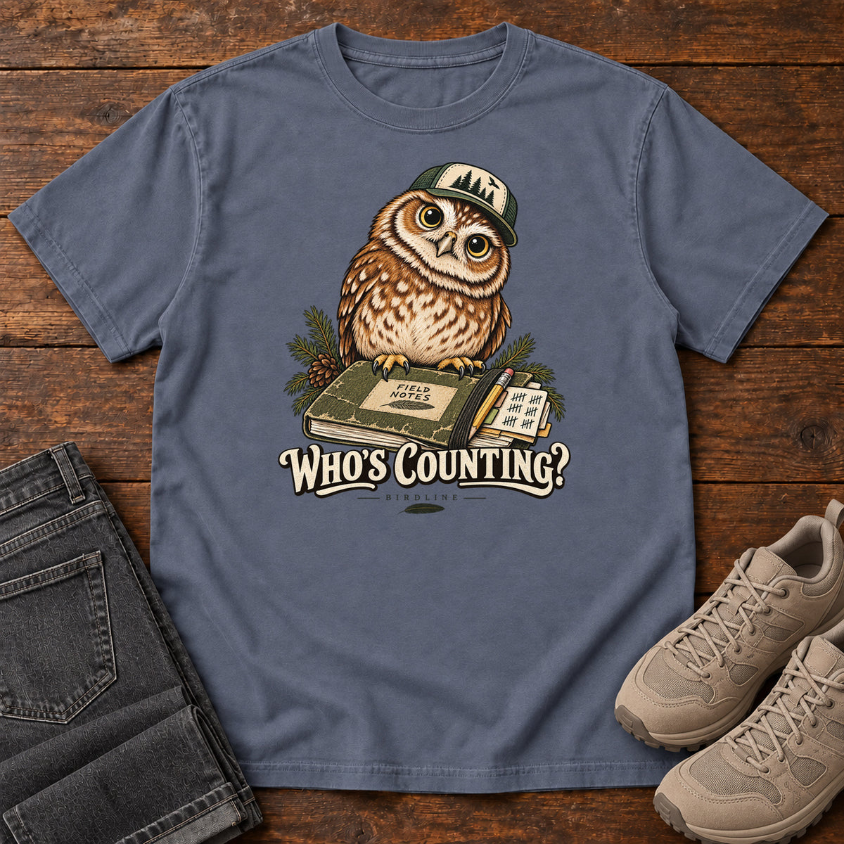 Denim Who's Counting? T-Shirt with a brown owl wearing a green cap beside a field notebook and checklist above cream lettering, front flat lay on wood.