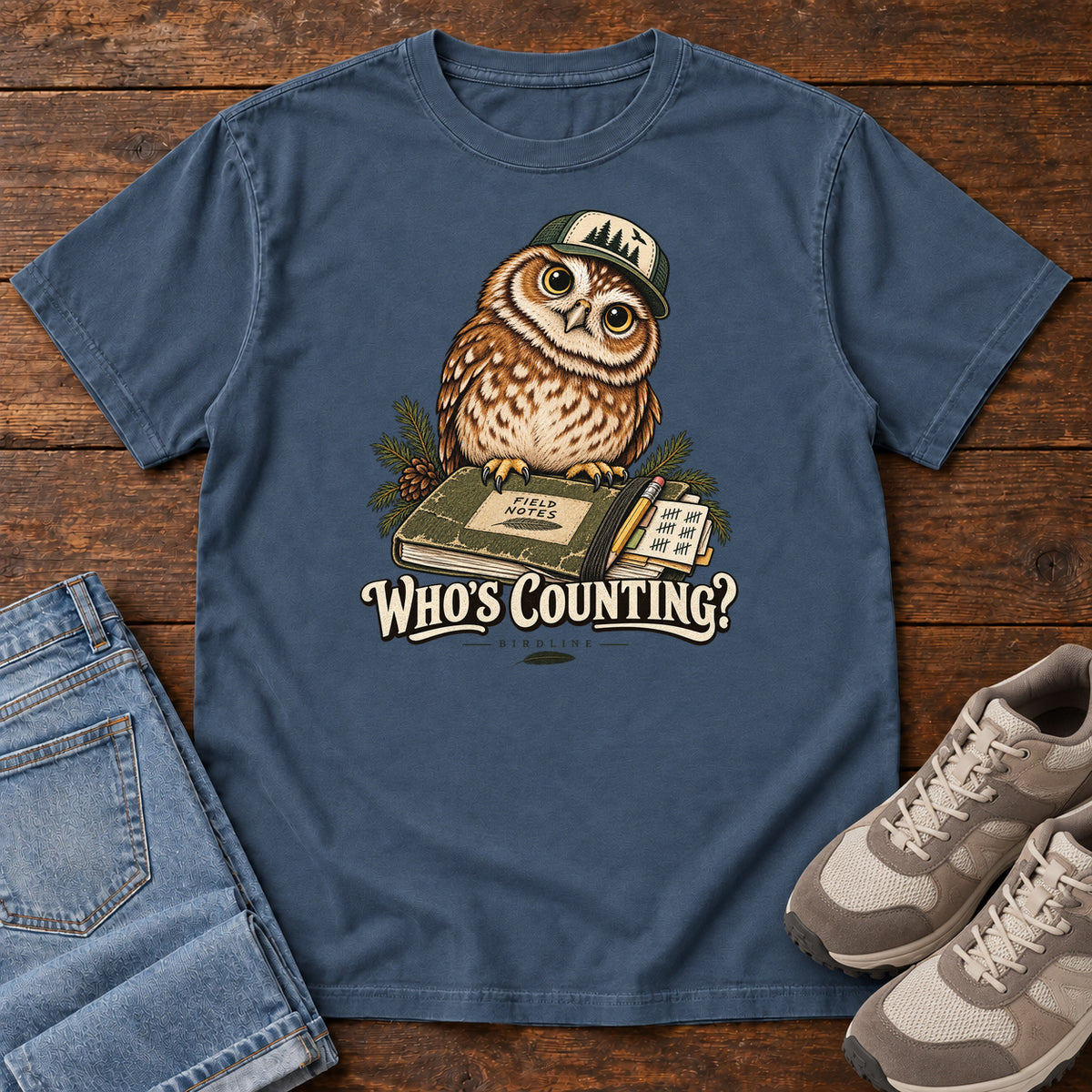 Midnight Who's Counting? T-Shirt with a brown owl wearing a green cap beside a field notebook and checklist above cream lettering, front flat lay on wood.