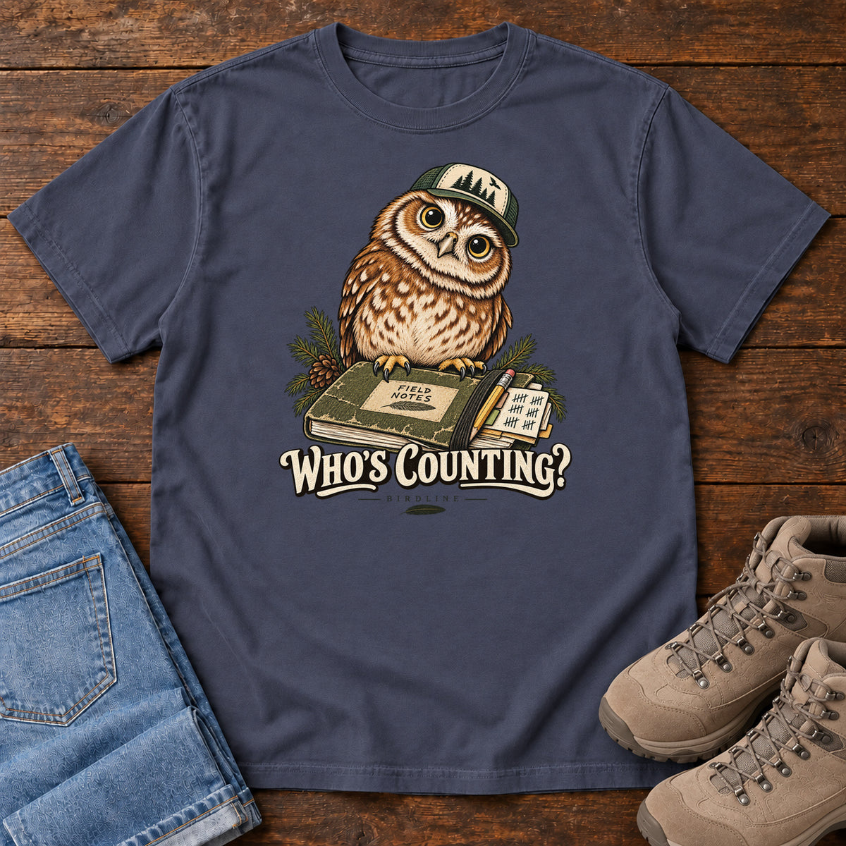 Navy Who's Counting? T-Shirt with a brown owl wearing a green cap beside a field notebook and checklist above cream lettering, front flat lay on wood.