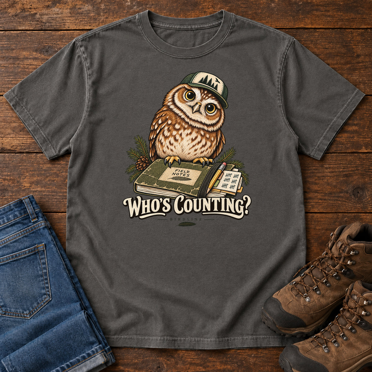 Pepper Who's Counting? T-Shirt with a brown owl wearing a green cap beside a field notebook and checklist above cream lettering, front flat lay on wood.
