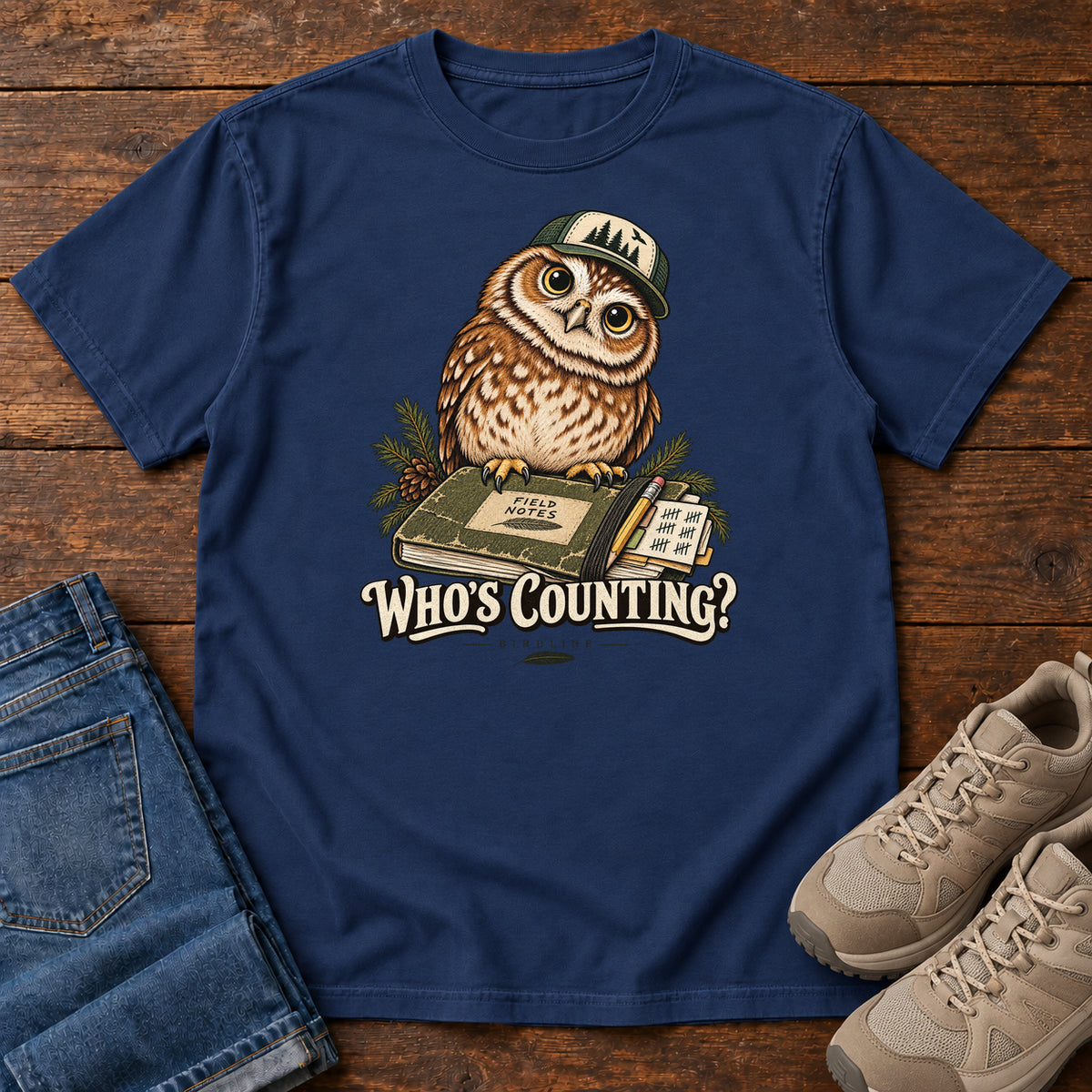 True Navy Who's Counting? T-Shirt with a brown owl wearing a green cap beside a field notebook and checklist above cream lettering, front flat lay on wood.