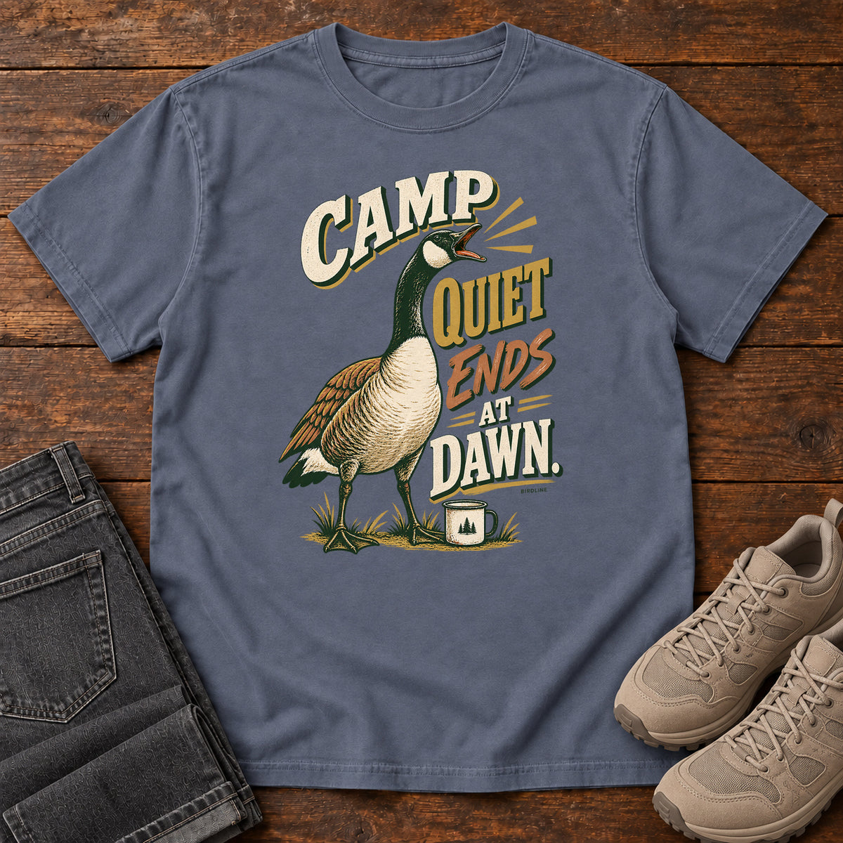 Camp Quiet Ends at Dawn Goose T-Shirt in Denim