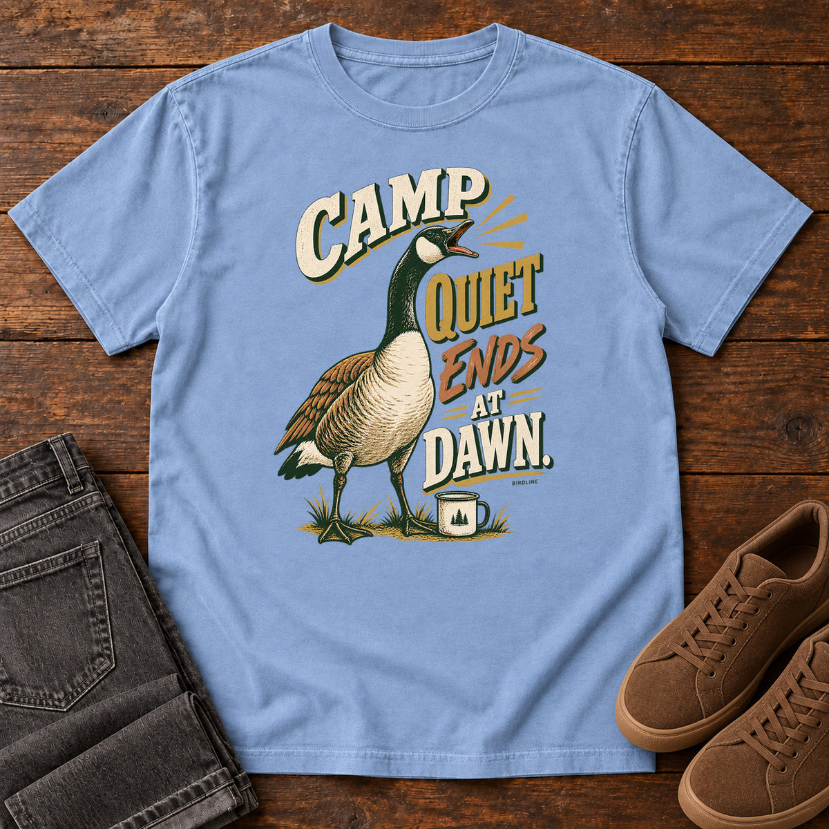 Camp Quiet Ends at Dawn Goose T-Shirt in Washed Denim