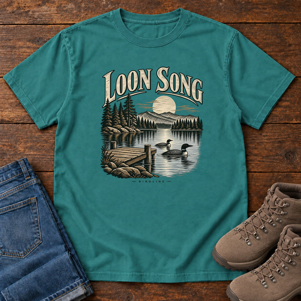 Emerald Loon Song T-Shirt with two waterbirds beside a dock on a moonlit lake beneath cream lettering, front flat lay on wood.