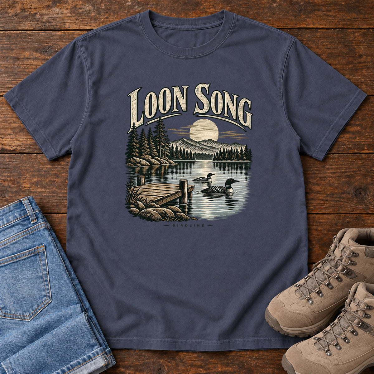 Navy Loon Song T-Shirt with two waterbirds beside a dock on a moonlit lake beneath cream lettering, front flat lay on wood.
