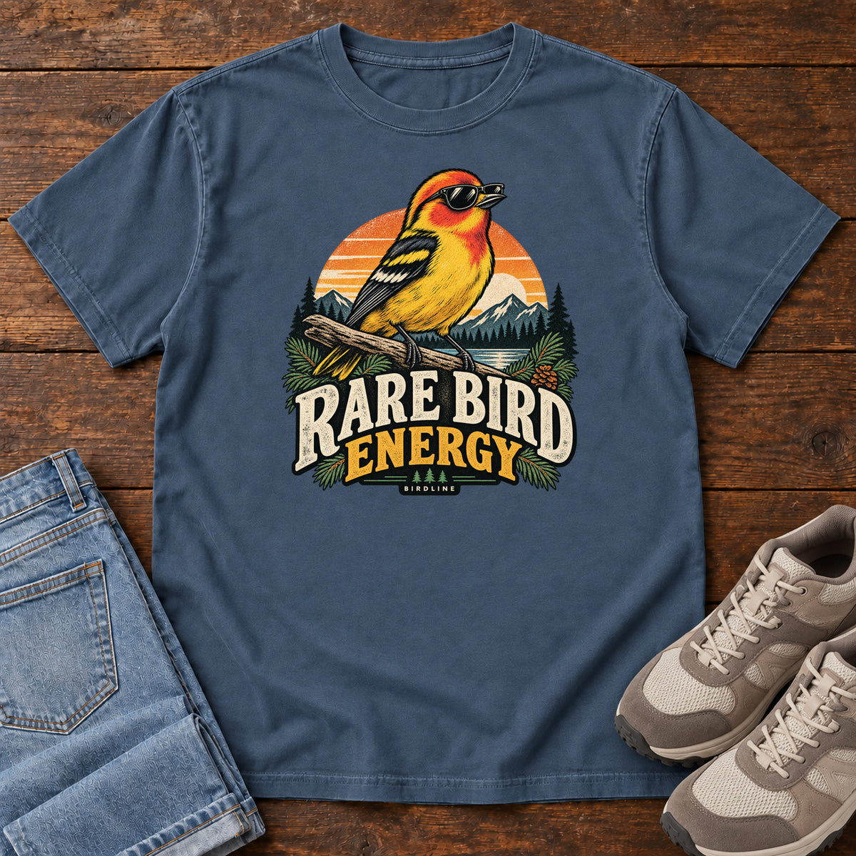 Midnight Rare Bird Energy T-Shirt with a yellow and orange bird wearing sunglasses before a striped sunset; front flat lay on wood.