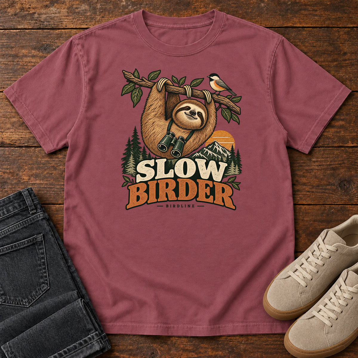 Brick Slow Birder T-Shirt with a sloth with binoculars hanging from a branch beside a bird and mountains; front flat lay on wood.