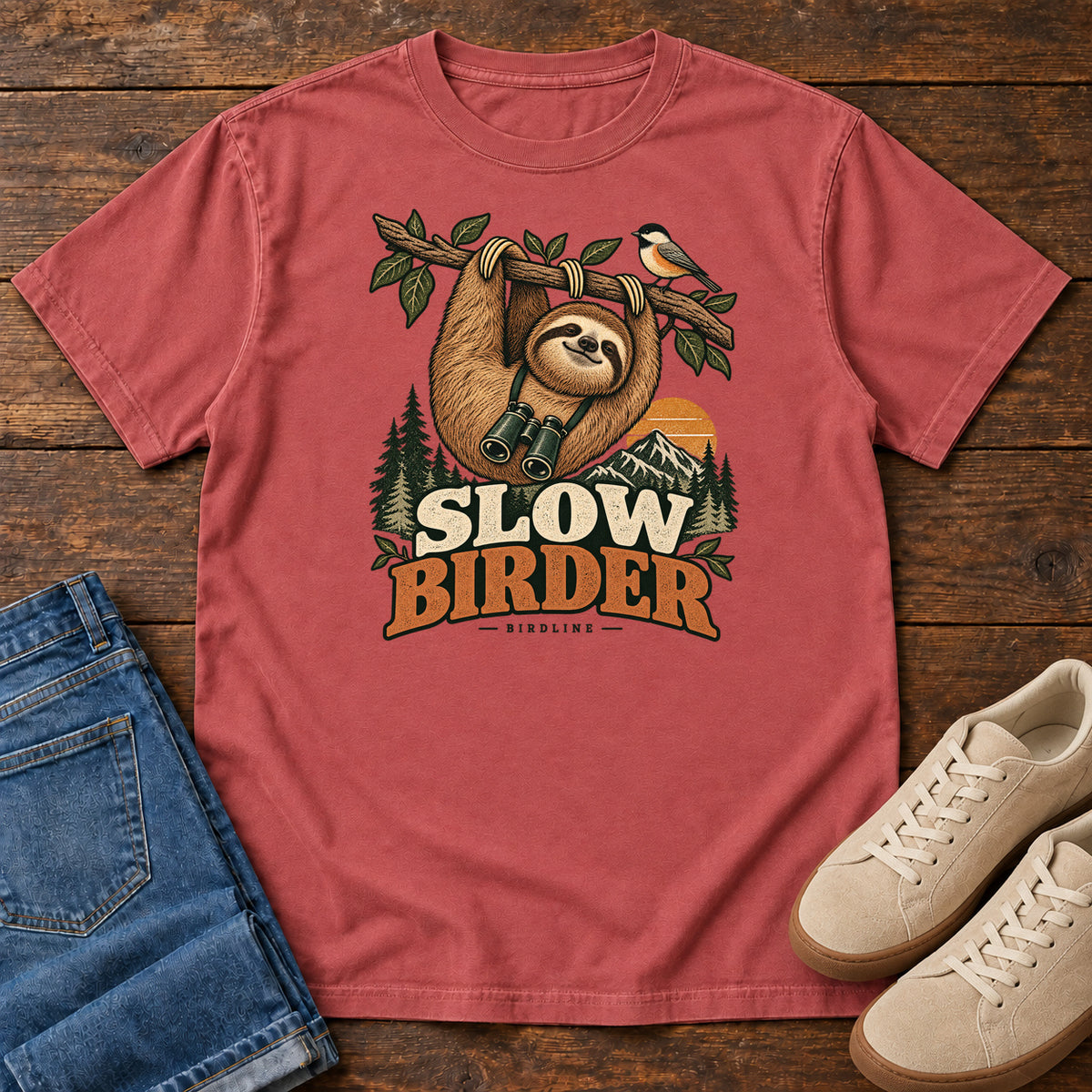 Crimson Slow Birder T-Shirt with a sloth with binoculars hanging from a branch beside a bird and mountains; front flat lay on wood.