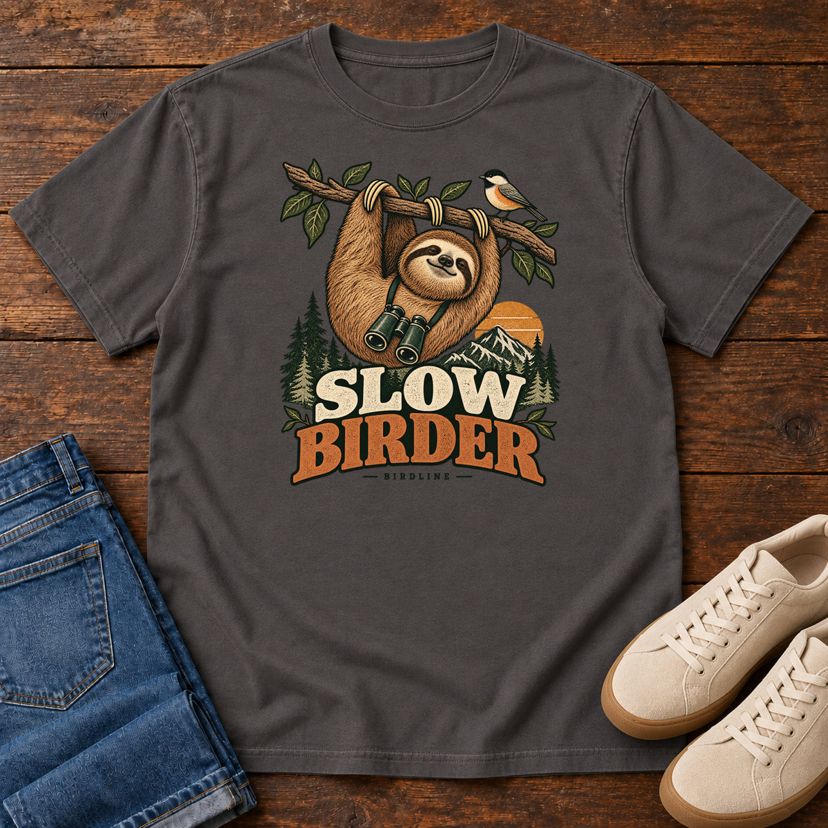 Graphite Slow Birder T-Shirt with a sloth with binoculars hanging from a branch beside a bird and mountains; front flat lay on wood.