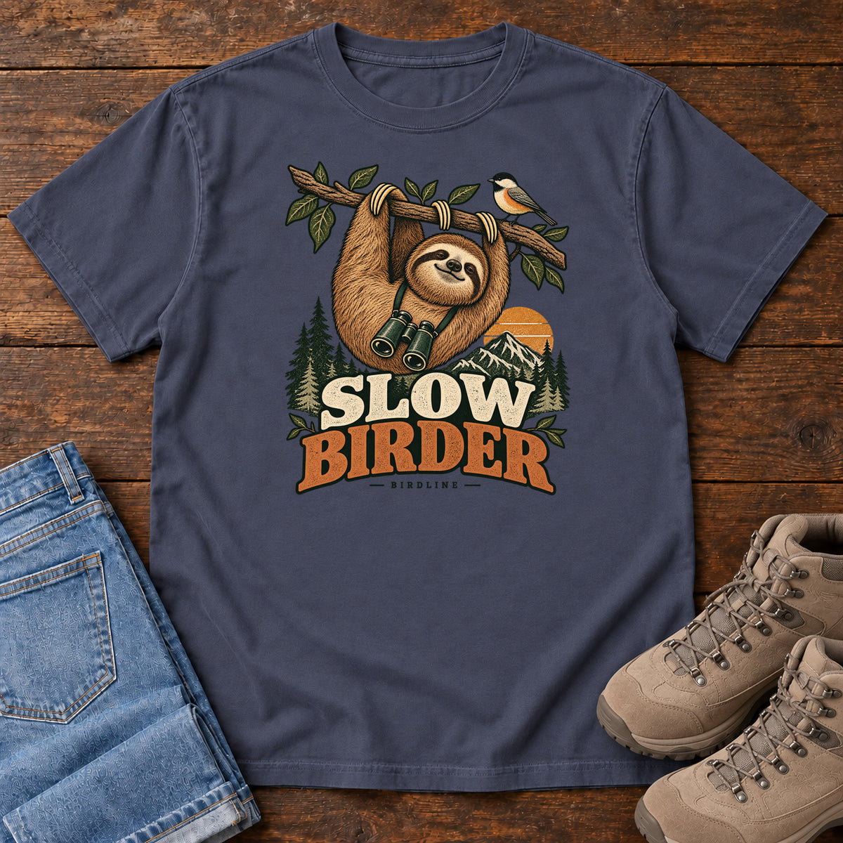 Navy Slow Birder T-Shirt with a sloth with binoculars hanging from a branch beside a bird and mountains; front flat lay on wood.