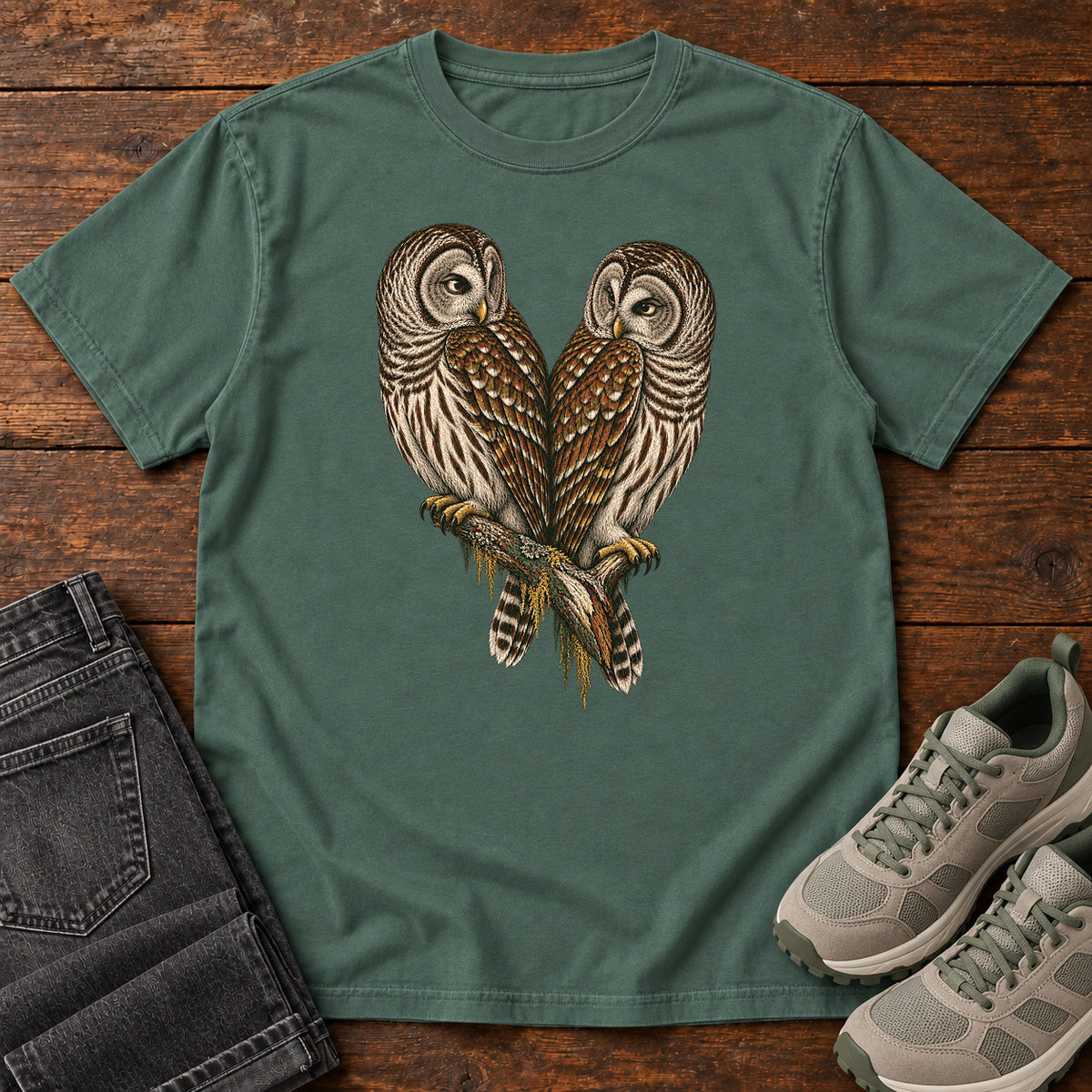 Barred Owl Pair T-Shirt in Blue Spruce