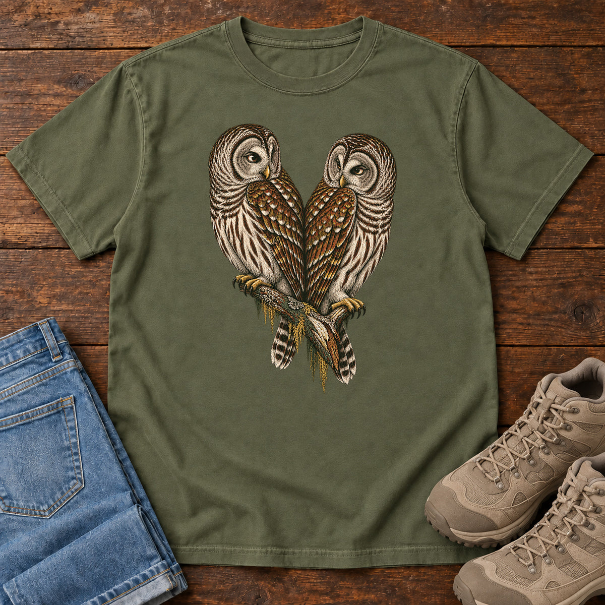 Barred Owl Pair T-Shirt in Hemp