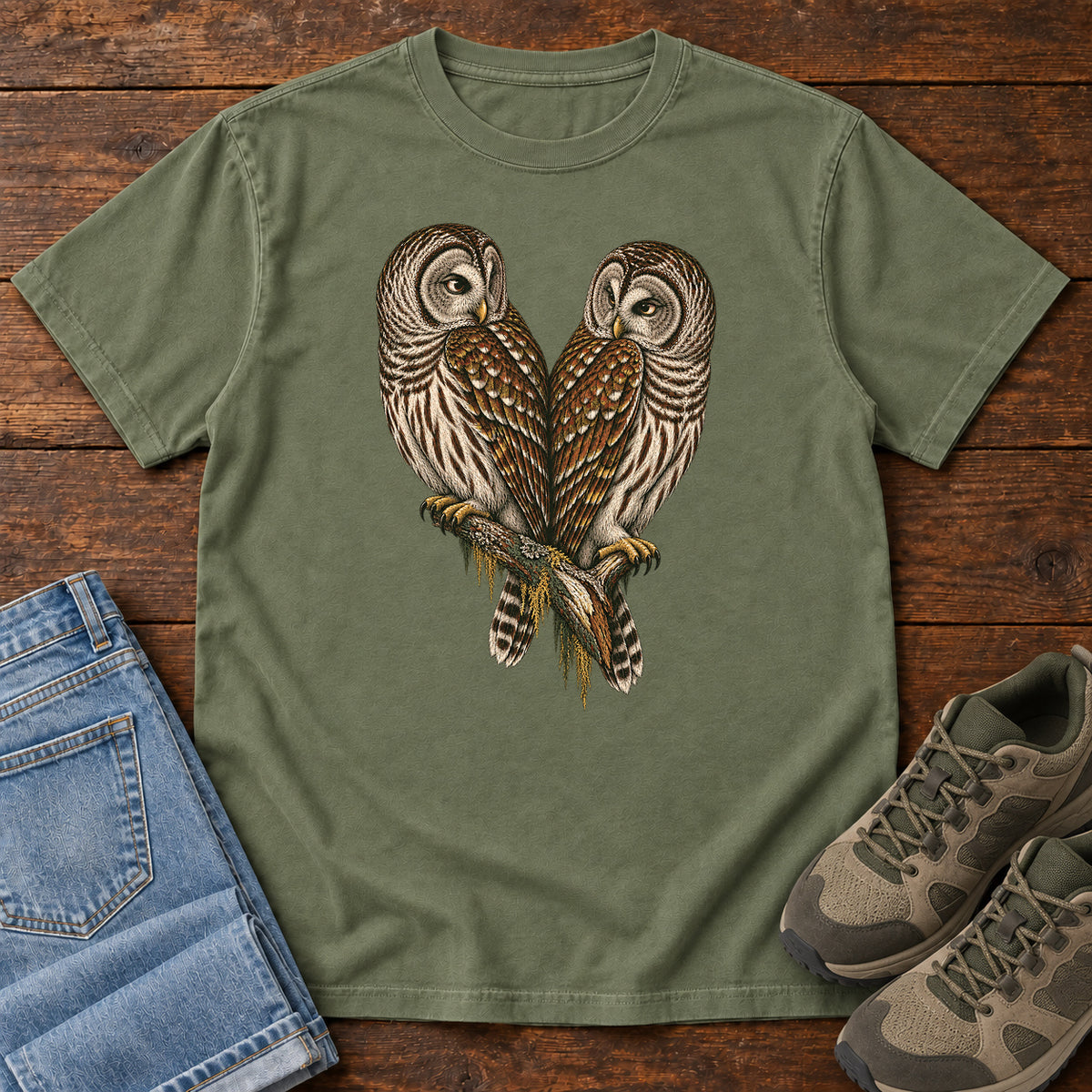 Barred Owl Pair T-Shirt in Moss