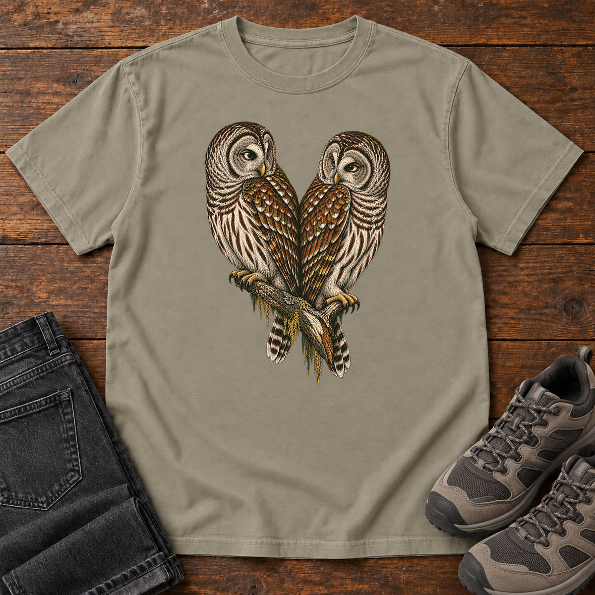 Barred Owl Pair T-Shirt in Sandstone