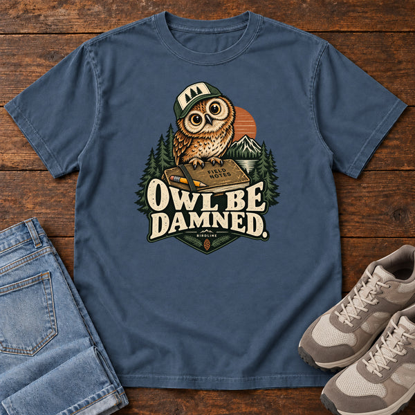 Owl Be Damned. T-Shirt in Midnight, front view