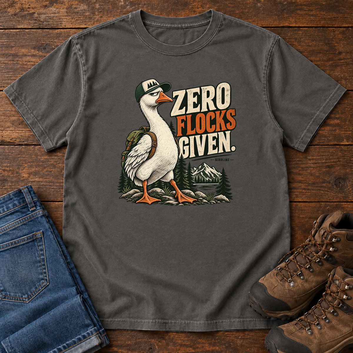 Zero Flocks Given T-Shirt in Pepper, front laid flat on wood, featuring a white long-necked bird wearing a cap and backpack beside cream-and-orange lettering and mountains.